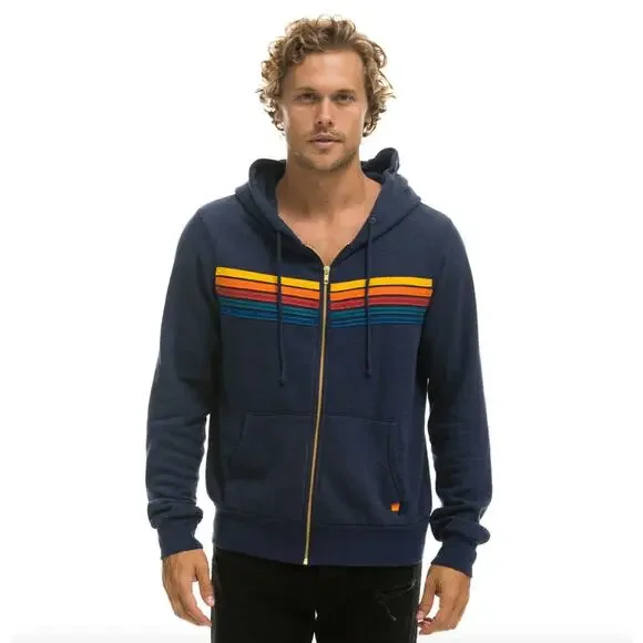 NWOT Aviator Nation 5 Stripe Zip Hoodie Navy Unisex Large Made in USA - Picture 2 of 9